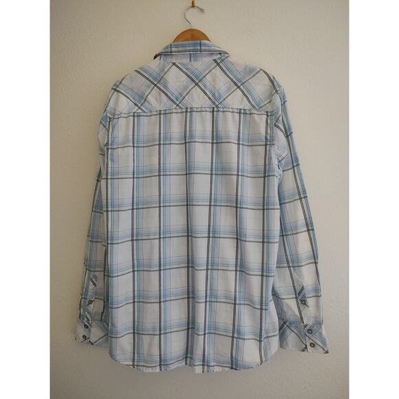 BKE Blue White Grey Green Plaid Long Sleeve Button Front Embroidered Pockets XL - Picture 2 of 11